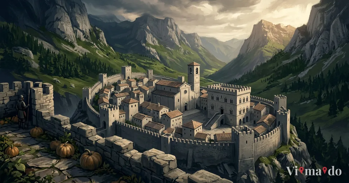 Il borgo di Venzone chiuso dalle mura merlate, con il duomo e le montagne intorno