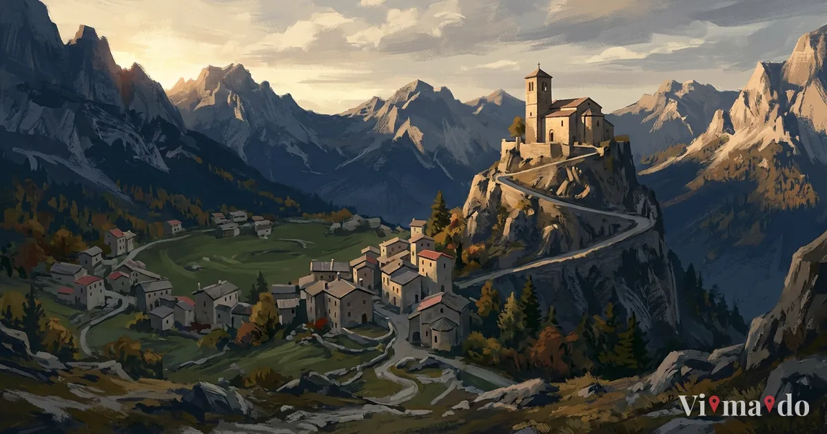 Il borgo di Illegio nella sua conca verde, con la pieve di San Floriano su uno sperone di roccia