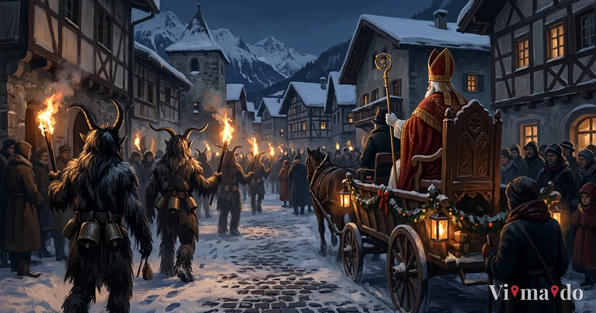 I Krampus con corna, pelli e fiaccole sfilano a Tarvisio accanto al carro di San Nicolò