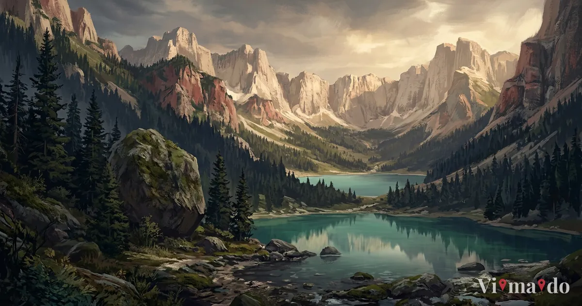 Lago di Fusine fra abeti rossi e un grande masso coperto di muschio, sotto le pareti del Mangart